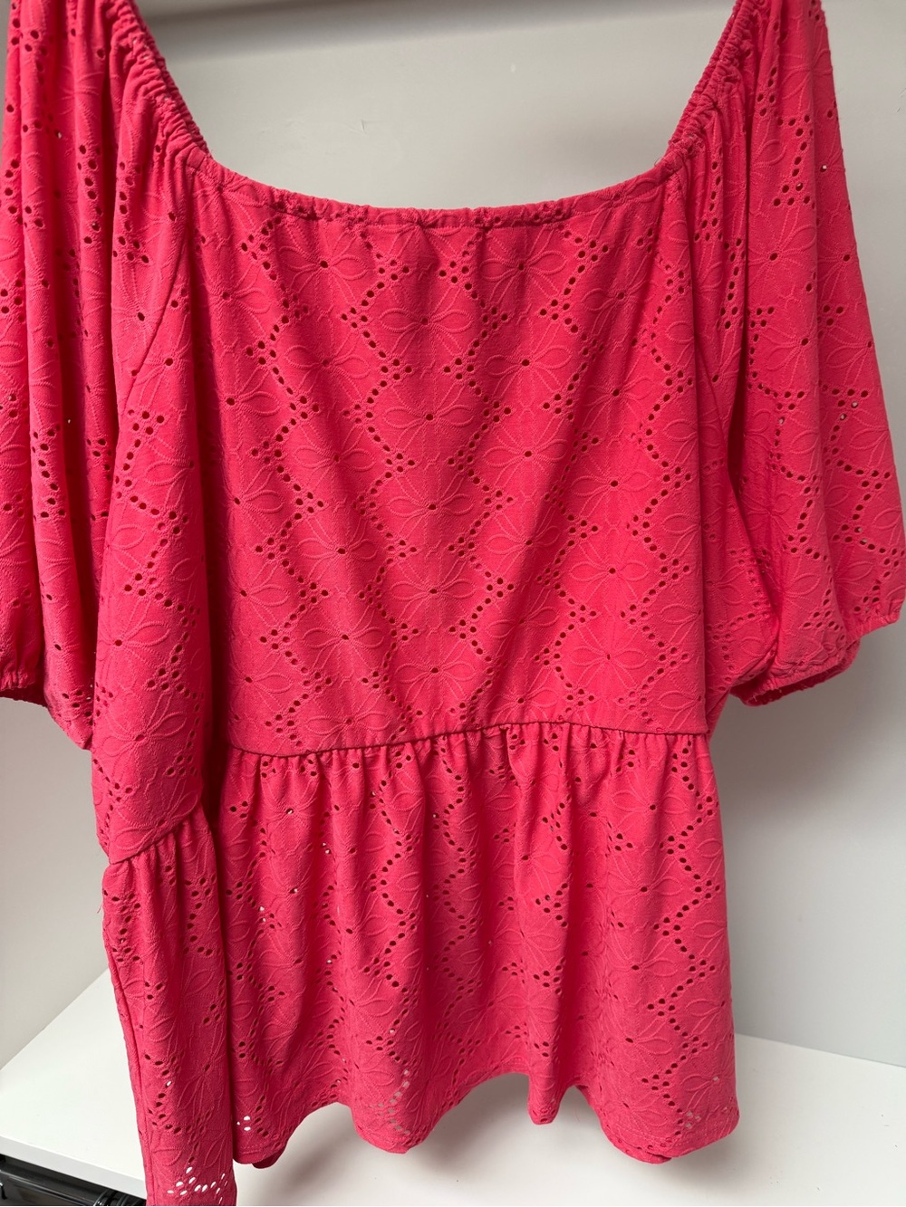 Eyelet Peplum Top in Bright Coral Pink